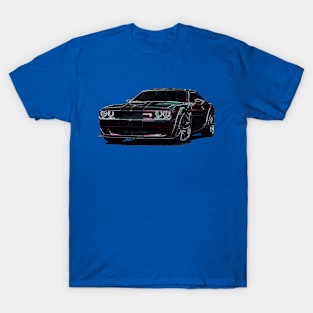 Neon Blaze: Black Dodge Challenger Fiery Full Body Explosive Design T-Shirt